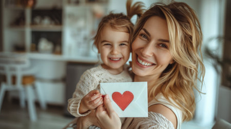 Mother's Day. happy mother holds her daughter in one hand and envelope with red heart on it, which she has just received as Mother's Day gift, in other. In modern, bright room at homeの素材