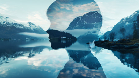 Double exposure: wide shot silhouette of a Scandinavian woman against the backdrop of the Norwegian fjords. photorealistic, sunset light.の素材