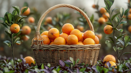 harvest of oranges in a basket in the garden. realistic photo wicker basket with ripe oranges, plantations of orange trees to the horizon, on background of branches of orange trees, sunny dayの素材