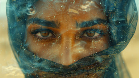 double exposure photography. arabic face in abaya shaped by buildings from Dubai, creative,の素材