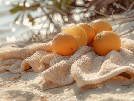 A beach towel spread out on the sand, on which fruits and drinks lie.の素材