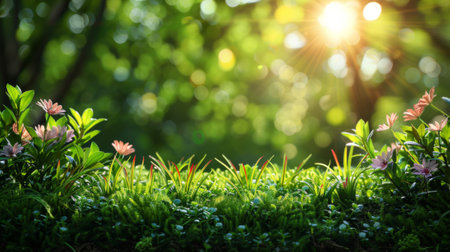 Spring background with green grass and blurred sun rays on bokeh nature background, copy space for text.の素材