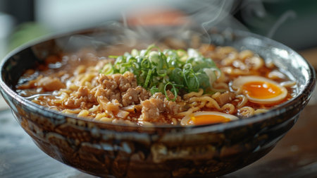 A bowl of steaming ramen stands on a table in a Japanese cafe.の素材