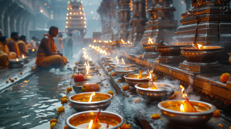 Ganges Aarti Festival. Following Ganga Aarti, sanctified offerings are distributed among devotees, often consisting of sweets, fruits, and holy water, symbolizing blessings and divine grace.の素材
