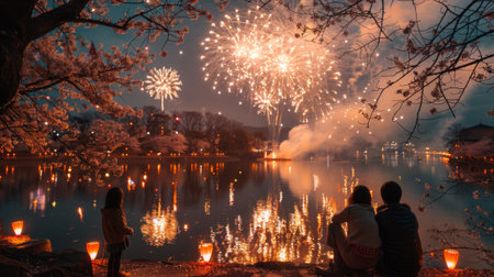 A family witnessing the spectacular fireworks display at the Cherry Blossom Festival in Japan, captivated by the beauty of the illuminated blossoms.の素材