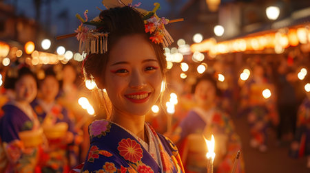 Bon Odori festival in Japan, happy young woman wearing a kimono at a festivalの素材