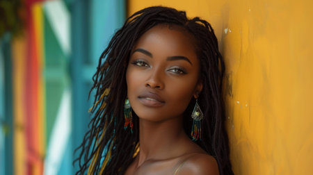 Juneteenth. Black power, black history month concept. A beautiful black woman with long hair in the colors of the rasta flag, wearing earrings and standing against a vibrant background.の素材