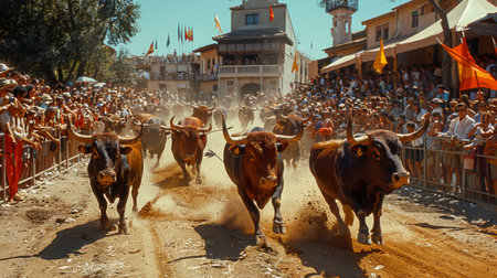 San Fermin Festival. Spectators: The spectators watch the running of the bulls from the sidelines, and they cheer on the runners and the bullfighters.の素材