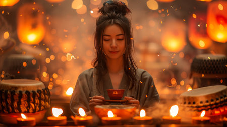 A traveler enjoying a traditional tea ceremony during the Bon Odori festival in Japan, surrounded by the flickering flames of lanterns and the rhythmic beats of taiko drums.の素材