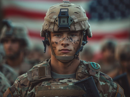 Soldier in uniform. background Flag USA. Memorial Day, remembering the fallen soldiers around the world.の素材