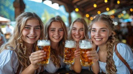 Young people in traditional Bavarian attire having fun at outdoor with beer, group of friends toasting together, smiling women sitting at table outside restaurant in mountains during village festivalの素材