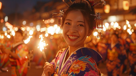 the Bon Odori festival in Japan, happy womanの素材