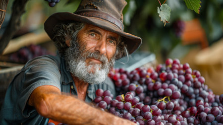 agritourism volunteering, man at a sustainable organic farm in Tuscany, Italy, harvesting grapesの素材