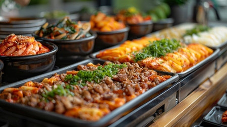 Chuseok Festival. The enticing aroma of freshly prepared Korean delicacies wafts through the air, whetting appetites and inviting culinary exploration.の素材