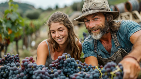agritourism volunteering, man and woman at a sustainable organic farm in Tuscany, Italy, harvesting grapes and learning traditional winemaking techniquesの素材