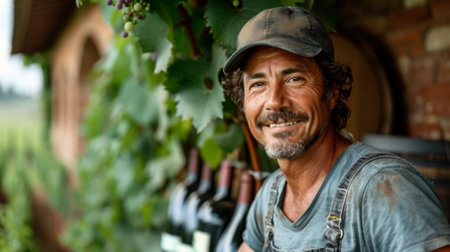 agritourism volunteering, man at a sustainable organic farm in Tuscany, Italy, learning traditional winemaking techniquesの素材