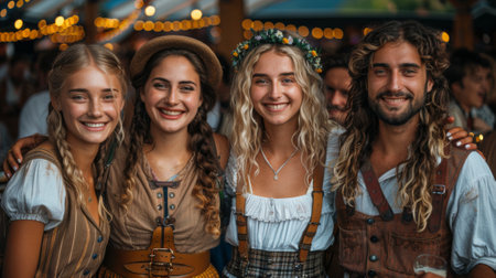 Oktoberfest. group of friends who go to Oktoberfest for the first time. Describe the experience of working as a server at Oktoberfest.の素材