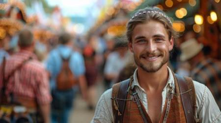 Oktoberfest. People are dressed in traditional Bavarian clothing, including lederhosen and dirndls.の素材