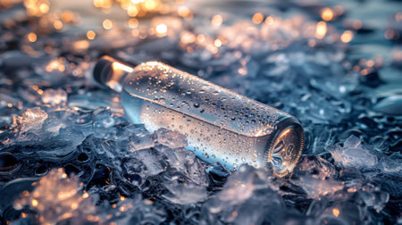 A bottle of water on ice, cold and fresh background, top view, high resolution photography, high details, high qualityの素材