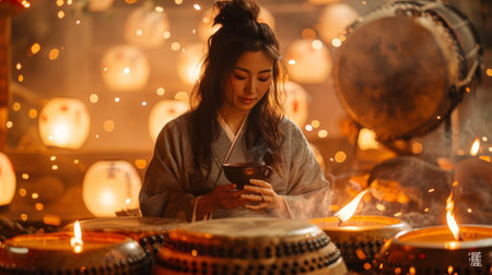 A traveler enjoying a traditional tea ceremony during the Bon Odori festival in Japan, surrounded by the flickering flames of lanterns and the rhythmic beats of taiko drums.の素材