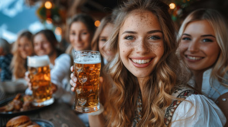 Oktoberfest. Young people in traditional Bavarian attire having fun at outdoor bar with beer and food, group of friends toasting together, smiling women sitting at table outside restaurantの素材