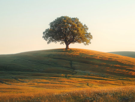Alone tree on hill in different season, minimalistic photograph.の素材