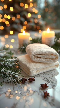 A bamboo leaf, white towels and candles on a marble table against a blurred spa background with copy space for text.の素材