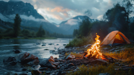 burning fire next to camp tent, near lake or river in mountain valley goes into the distance.の素材