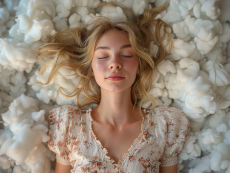 world sleep day. Picture of a sleeping woman surrounded by dreamy white clouds with more space around, soft light.の素材