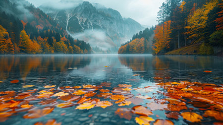Autumn leaves float on the surface of the lake against the backdrop of forest and mountains.の素材