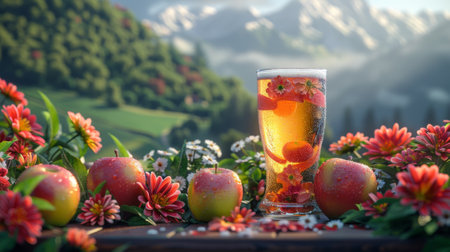 Cider. A glass of cider and apples on the table, surrounded by flowers and green mountains in background, rendered with hyperrealistic details.の素材