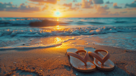 beach flip-flops lie on the sand against the backdrop of the tropical sea. idea of summer vacationの素材