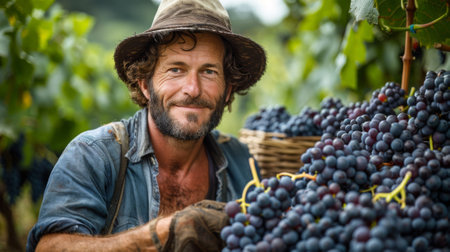 agritourism volunteering , man at a sustainable organic farm in Tuscany, Italy, harvesting grapesの素材