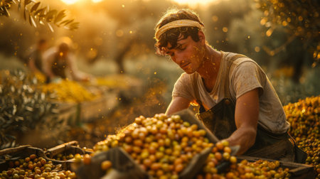 volunteer harvesting olives in a rustic setting, capturing the allure of agritourism in Italy and its connection to the land.の素材