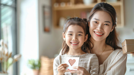 Mothers Day. mother and daughter are smiling, girl is holding envelope with heart-shaped paper inside, while her mom holds out gift box to them against white background in home interior.の素材