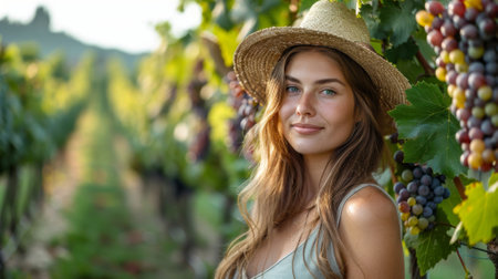 agritourism volunteering , woman at a sustainable organic farm in Tuscany, Italy, harvesting grapes and learning traditional winemaking techniquesの素材
