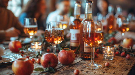 group of cider enthusiasts, eager to explore diverse flavors and stories behind each craft cider. Their faces reflect anticipation as they gather around table laden with glasses and bottles of cider.の素材