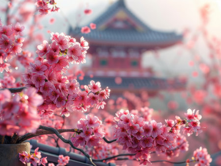Cherry blossom tree in full bloom . Background asian Temple. Japan Beautiful viewの素材