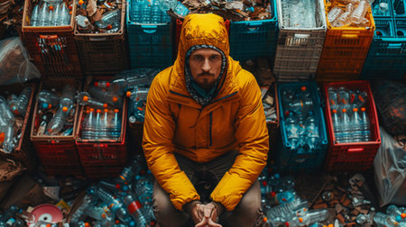 A photorealistic depiction of a person surrounded by recycled products, their presence symbolizing the transformation of waste into valuable resources.の素材