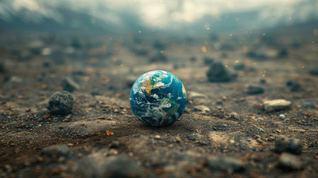 small blue marble representing Earth placed amidst a polluted, barren landscape, highlighting the consequences of human actions on the environment.の素材