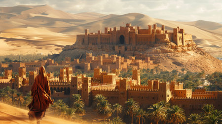 old Arab fortified city. in the background, a sandy desert with dunes rises above itの素材