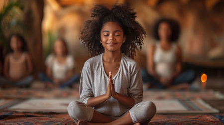 family using a guided meditation app to promote relaxation and stress reduction in their daily lives. mental health and wellness conceptの素材