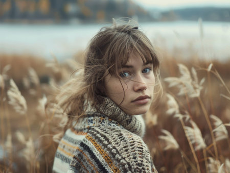 Realistic photo of a Scandinavian girl in a sweater against the backdrop of Scandinavian nature and a lake.の素材