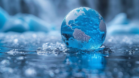A small blue iced representing Earth embedded within a melting glacier, emphasizing the urgency of climate change and its impact on our planetの素材
