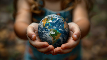 A close-up image of a childs hands gently holding a small globe representing Earth, emphasizing the delicate balance between human impact and the planets well-beingの素材