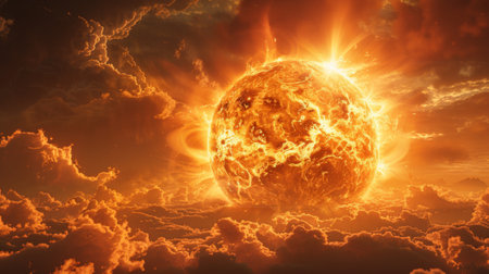 A photorealistic depiction of the sun as a source of endless energy, illuminating and powering the world with its radiant light.の素材