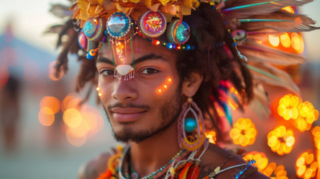 Burning Man Festival. man in an unusual ethnic costume in the theme of the festival, glowing festival installationsの素材