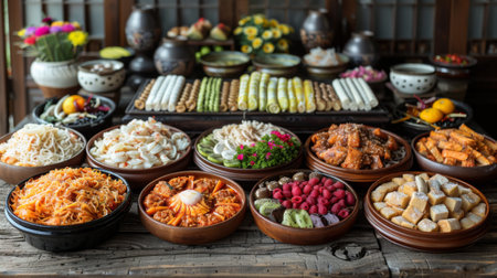 Chuseok Festival . Charye Ancestral Memorial Ritual: Families meticulously prepare elaborate offerings of food, fruits, and rice cakes to pay homage to their ancestors, expressing gratitude and honoring their lineage.の素材