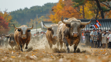 Chuseok Festival. Exciting bullfighting matches and traditional Korean games, such as ssireum Korean wrestling and jegichagi foot shuttlecock add touch of lively competition and cultural entertainmentの素材