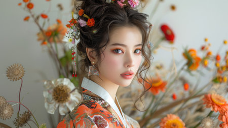Chuseok Festival. woman in fashion collection of traditional Korean attire inspired by the vibrant colors, intricate patterns, and cultural symbolism of Chuseokの素材
